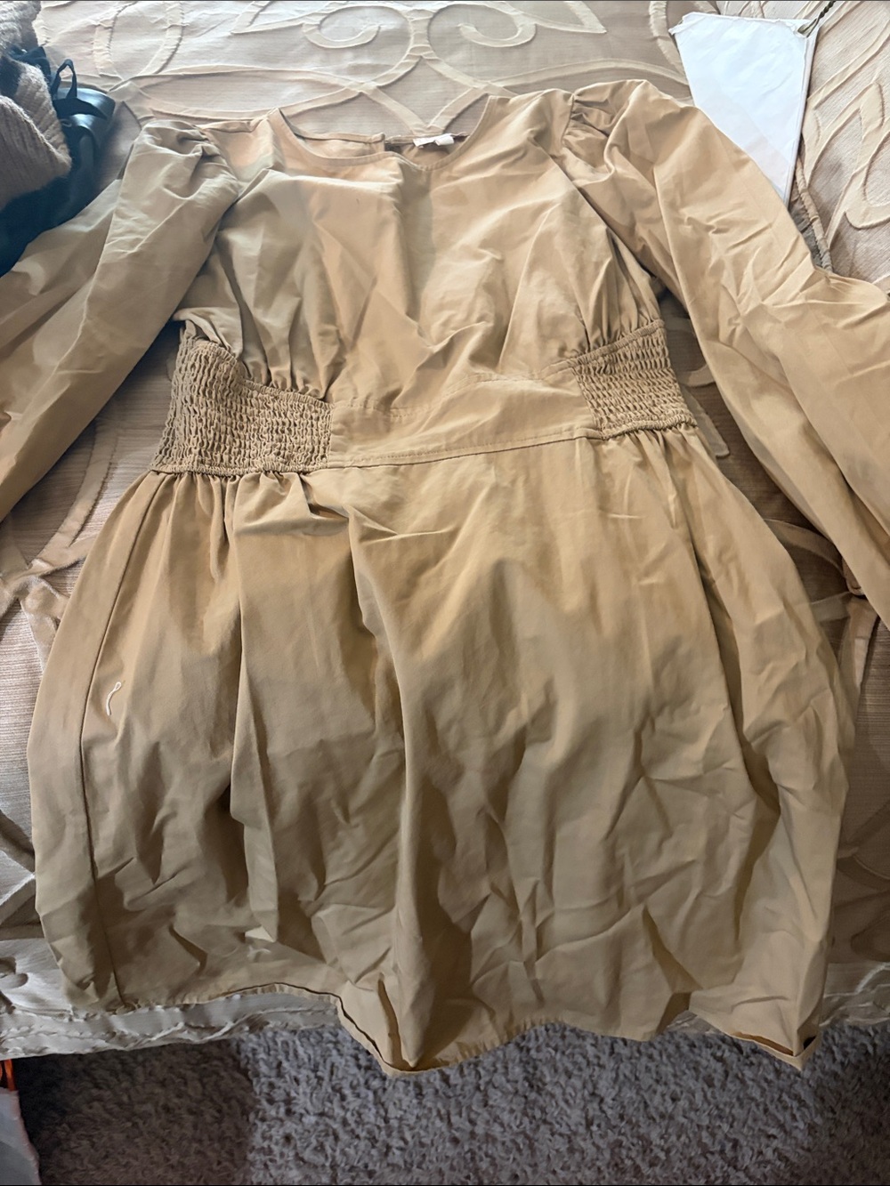 GB girls Tan Long Sleeve Smocked Waist Dress